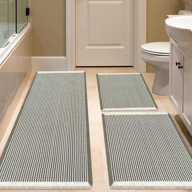 IM HOME Waffle Bath Mat Set 3 Piece Green & Cream,Woven Modern Bath Rug Mats, Absorbent Non Slip Bath Floor Mat, Soft Washable Boho Bath Rugs with Tassels for Bathroom, Bedroom, Kitchen, Tub