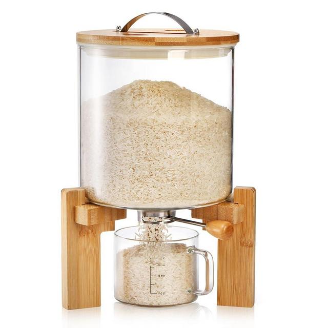 Tlence 5L Glass Rice Dispenser, Flour Cereal Container with Bamboo Stand, Large Airtight Food Storage Bin, Rice Organization Tank with Measuring Cup for Grain Coffee Beans Dry Food