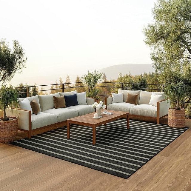Nourison Positano Indoor/Outdoor Black Ivory 7' x 10' Area Rug, Easy Cleaning, Non Shedding, Bedroom, Living Room, Dining Room, Deck, Backyard, Patio