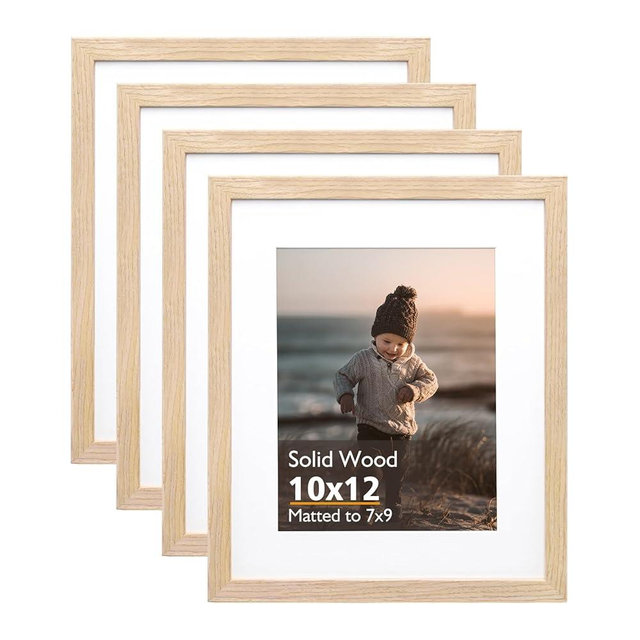 KINLINK 10x12 Picture Frame Natural, Solid Wood Frames with Acrylic Plexiglass for Pictures 7x9 with Mat or 10x12 without Mat, Tabletop and Wall Display Photo Frame, Set of 4