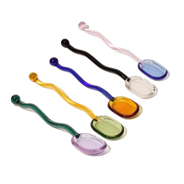 5 Pieces Glass Spoons, Creative Colored Transparent Coffee Milk Glass Dessert Stirring Spoon Curved Handle Tools for Tea Sugar Home Bar Party (Square)