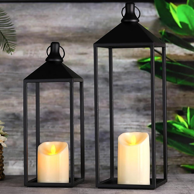 MATAHUM Modern Farmhouse Lanterns Decorative Indoor & Outdoor, 17" 13" Set of 2 Black Vintage Lantern with Flameless Candles, Metal Halloween Lantern Decor for Room, Porch, Mantle, Patio, Home Decor