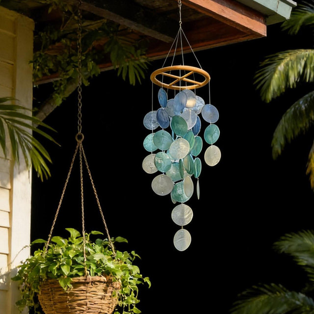 Handmade Blue & White Seashell Wind Chime, Natural Ocean Beach Decor, Ocean Breeze Seashell Wind Chime, Beach House Decor, Gifts for Her