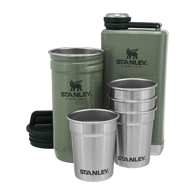Stanley Stainless Steel Shot Glass and Flast Gift Set. Outdoor Adventure Pack with 4 metal shot glasses, 8oz whiskey flask, and travel carry case