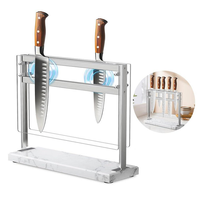 HomeSimplex Magnetic Knife Holder Block Stand with Acrylic Shield-Magnetic Knife Stand for Counter Top-Double Sided Magnetic Knife Block-Stainless Steel Kitchen Knife Storage Rack - Marble Base, White