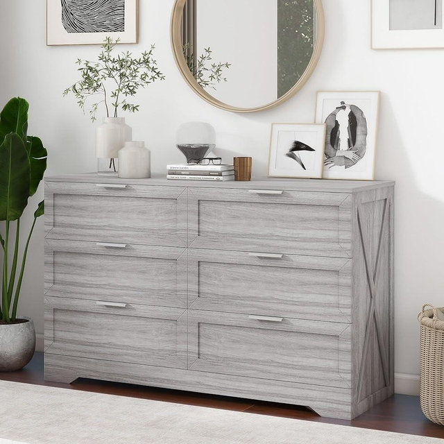 FTZxHKLX Modern 6-Drawer Dresser for Bedroom, Dresser Chest of Drawer with Large Drawers & Silver Handles, Wooden Dresser Drawer Storage Unit for Bedroom, Living Room, Closet (Wash Grey)