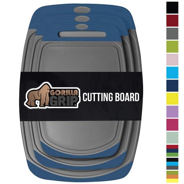 Gorilla Grip Original Reversible Cutting Board, 3 Piece, BPA Free, Juice Grooves, Larger Thicker Boards, Easy Grip Handle, Dishwasher Safe, Non Porous, X Large, Kitchen, Set of 3, Blue Gray