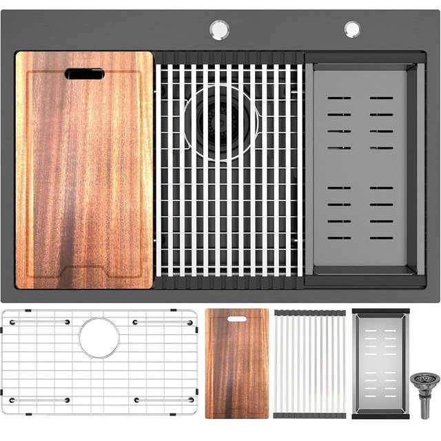 33 inch Black Kitchen Sink Drop In 33"x22" - Qubfuen,16 Gauge Metal Black Handmade Modern Stainless Steel Single Bowl 10 Inch Depth R10 with Accessories-TS3322B
