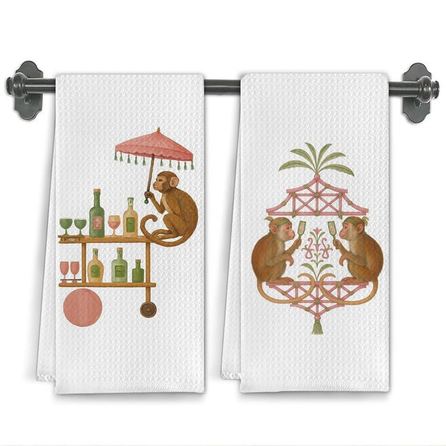 Elefeltclave Preppy Chinoiserie Monkey Kitchen Towels for Room Decor,Cocktail Gifts for Women Decorative Hand Towel,Gifts for Cocktail Lovers Dish Tea Towels for Bar Cart Decor,16X24 Inch Set of 2