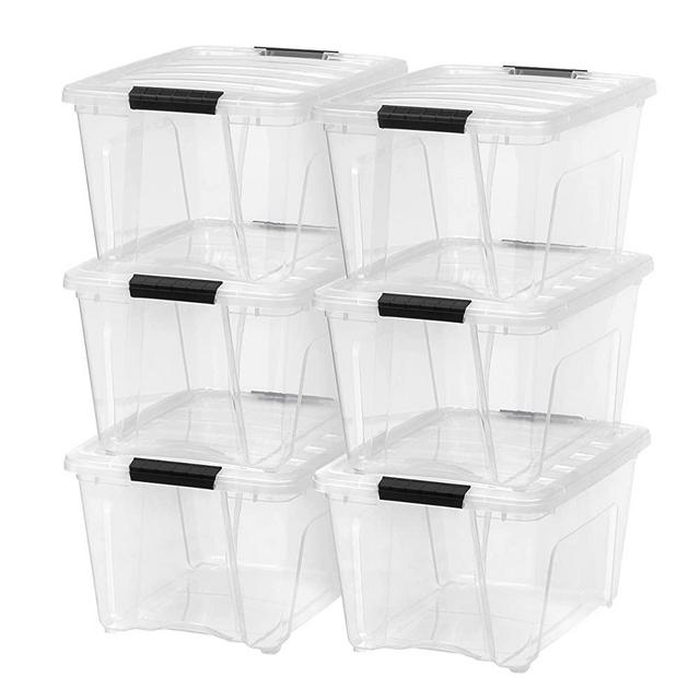 IRIS USA 32 Qt. Plastic Storage Bin Tote Organizing Container with Durable Lid and Secure Latching Buckles, Stackable and Nestable, 6 Pack, Crystal Clear