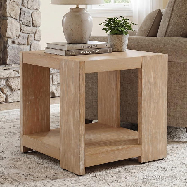 DM Furniture 2-Tier Side Table for Living Room, Rectangular End Table with Open Storage, Farmhouse Accent Bedside Table for Bedroom, Natural