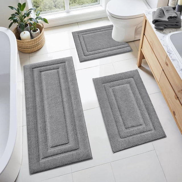 HOMEIDEAS Bathroom Rugs Sets 3 Piece, Microfiber Shaggy Bath Mat Set, Non-Slip Ultra Soft Carpet Mats, Large Rugs with U-Shaped Toilet for Bathroom, Tub, Shower, Grey