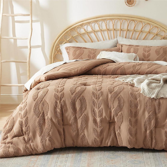 Bedsure Queen Size Comforter Set Taupe, Boho Tufted Bedding Comforter Set, Farmhouse Jacquard Cable Knit Pattern Bed Set, 3 Pieces, 1 Shabby Chic Fluffy Comforter & 2 Pillow Shams