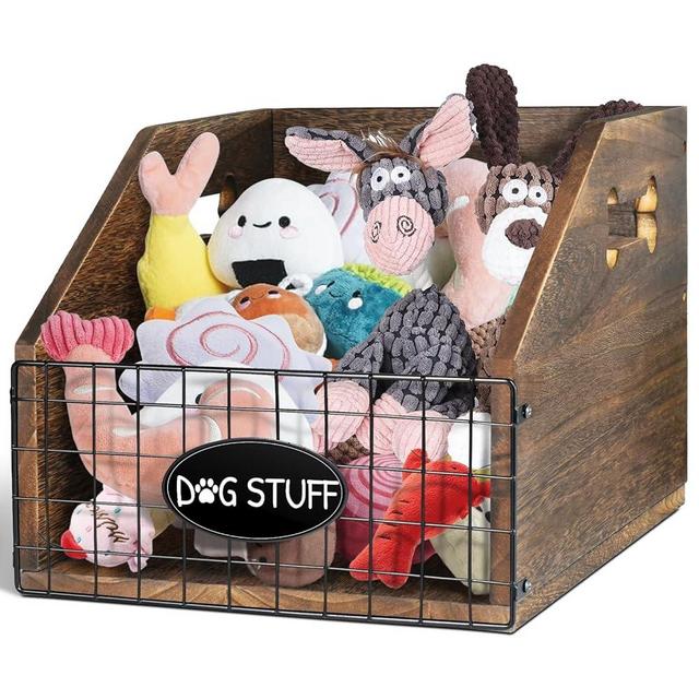 VOOTTOU Dog Toy Bin, Wood Dog Toy Basket with Handle, Large Dog Toy Box for Toy Chest, Dog Toy Storage Dog Stuff Organizer Dog Toy Storage Basket Bin for Puppy Leash, Blanket Food, Accessories, Gift