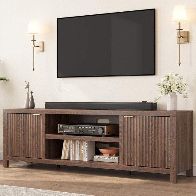 Fluted TV Stand for 80 inch, Modern Entertainment Center with Adjustable Shelves,Walnut