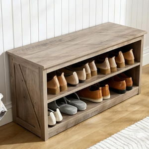 Farmhouse Storage Bench with 2-Tier Open Shelf Storage, Wooden Shoe Bench for Entryway, Entryway Shoe Storages for Living Room, Bedroom, Hallyway, Grey