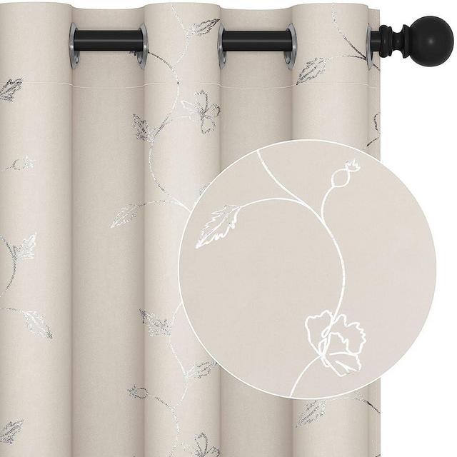 Deconovo Beige Blackout Curtains, Curtains 63 Inch Length 2 Panels, Silver Wave with Flower Leaf Foil Printed Curtain, Grommet Light Blocking Curtains for Bedroom, 42 x 63 Inch