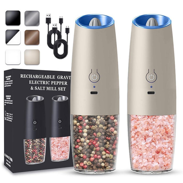UNNEES Rechargeable Electric Salt and Pepper Grinder set of 2, gravity electric salt and pepper grinder set, Adjustable Roughness, LED Light, 2 Pack, (Khaki)