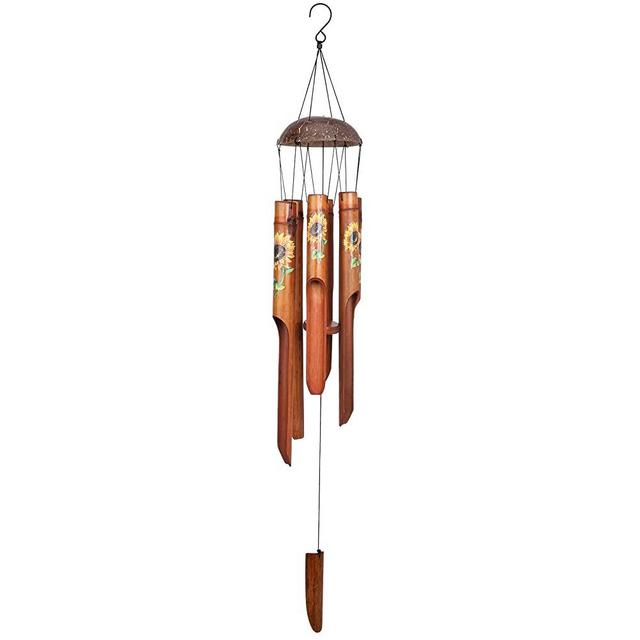 Afirst Bamboo Wind Chimes, Outdoor Wooden Windchimes with Coconut Crown,Sunflower Print Design Handcrafted Memorial Sympathy Gift for Garden, Patio, Home or Outdoor Decor, 38"