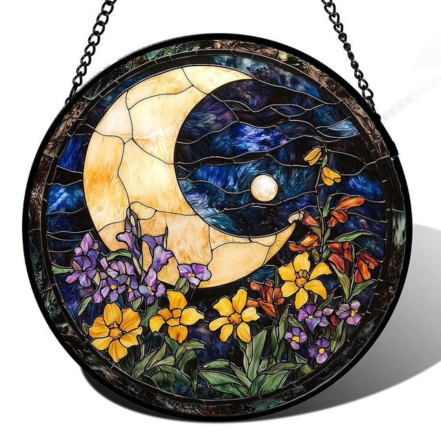 JOSUMALY Stained Glass Window Hanging - Blue Night Sky Moon Suncatcher for Door Terrace Garden Home Decor Wildflowers Sun Catcher Birthday Gifts for Lovers Women Men Dad Mom Nana 6.3 in