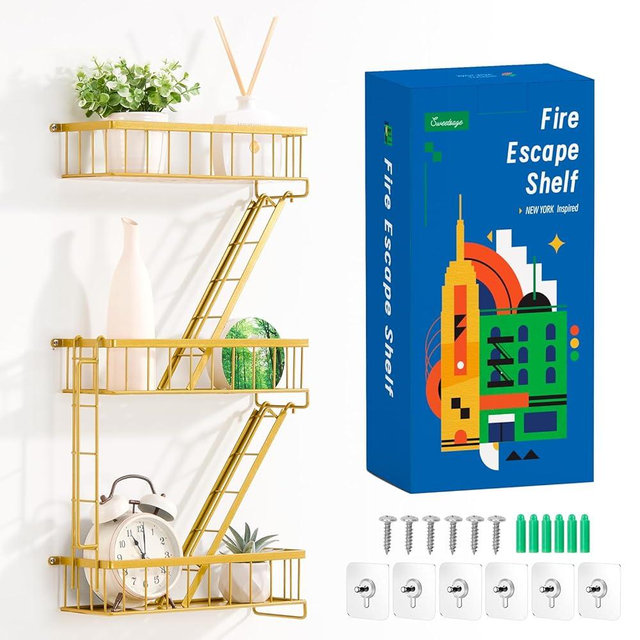 SweetSage Fire Escape Wall Shelf Gold - New York Decorative Ladder Shelf, Metal Decorative Shelving for Living Room, Home Décor, Action Figure Display (3-Tier)