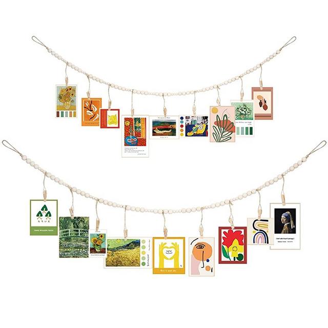 tchrules Wall Hanging Photo Display with Wooden Beads Garland, Collage DIY Picture Frame Set with Wood Clips for Boho Wall Decoration, Rustic Country Home, Office Nursery Room, Dorm Decor(2 Pieces)