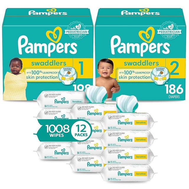 Pampers Baby Diapers and Wipes Starter Kit, Swaddlers Disposable Sizes 1 (198 Count) & 2 (186 Count) with Sensitive Water Based 12X Multi Pack Pop-Top Refill (1008 Count)