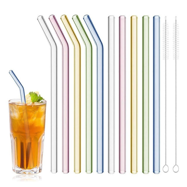 Reusable Glass Straws Shatter Resistant 8” x 8mm, 10 Pcs Colorful Glass Drinking Straws with 2Pcs Cleaning Brush, Including 5 Straight and 5 Bent Reusable Straws for Beverage, Milk, Juice, Coffee
