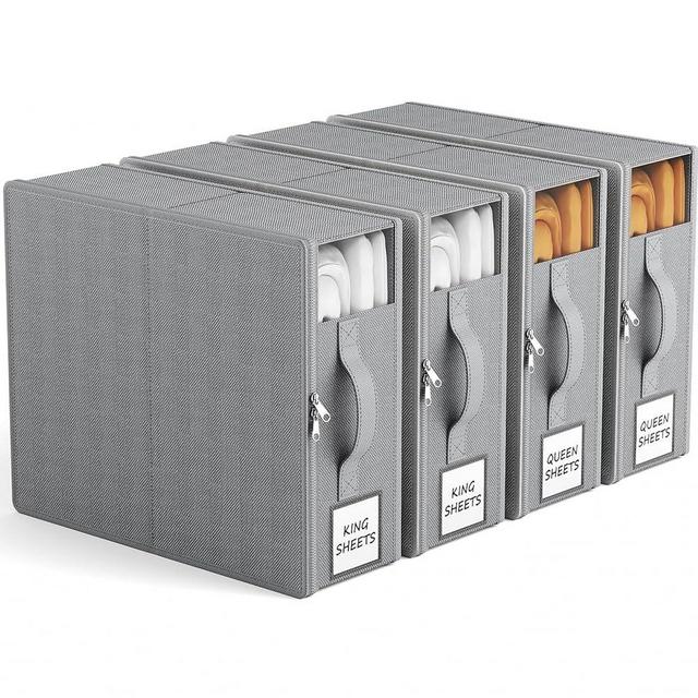 PHINOX Bed Sheet Organizers and Storage, 4-Pack Sheet Storage Organizer for Linen Closet, Foldable Sheet Set Organizer with Zippers for Queen or King Sheets, Bedding Organizer Box for Duvet Cover Set