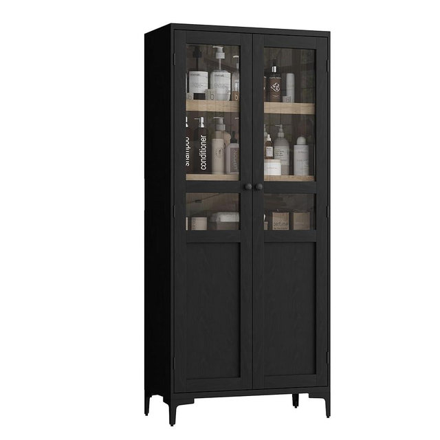 GarveeHome 63 Inch Tall Storage Cabinet with Glass Doors, Kitchen Pantry 5 Tier Bathroom Cabinet with Doors Adjustable Shelves for Kitchen, Dining Room, Bathroom (Black, 2 Door with Glass)