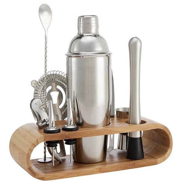 Stainless Steel Bar Tools Set with Bamboo Stand Holder | 10-Piece