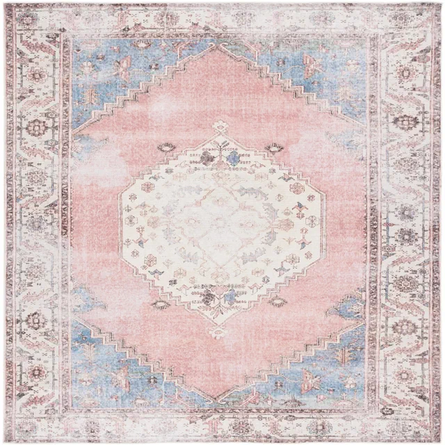 Serapi SEP357 Machine Washable Skid Resistant Power Loomed Indoor Area Rug - Ivory/Pink - 6'7"x6'7" - Safavieh