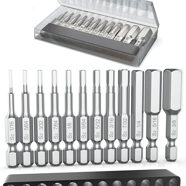 Allen Wrench Drill Bit Set (Premium 12pc Complete SAE Set) /w Storage Case and Bit Holder - Hex Shank Magnetic Bit Set - The GIFD Collection - Fortified S2 Steel - Long 2in Heads for Drills
