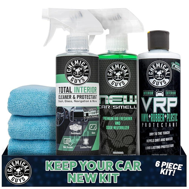 Chemical Guys Keep Your Car New Kit, Ideal for Cleaning and Detailing. Includes New Car Scented VRP, Total Interior, Air Freshener, and 3 Detailing Towels - 6 Piece Kit