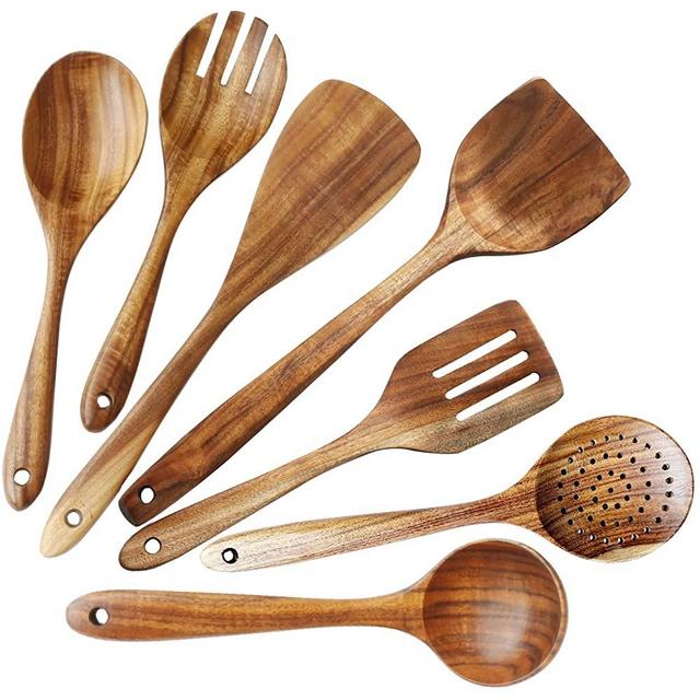 Wooden Spoons for Cooking, ADLORYEA Non Stick Wooden Kitchen Utensil Set, Natural Teak Wood Cooking Utensils Tools, 7 Pack Durable Eco-friendly and Healthy Spatulas for Nonstick cookware