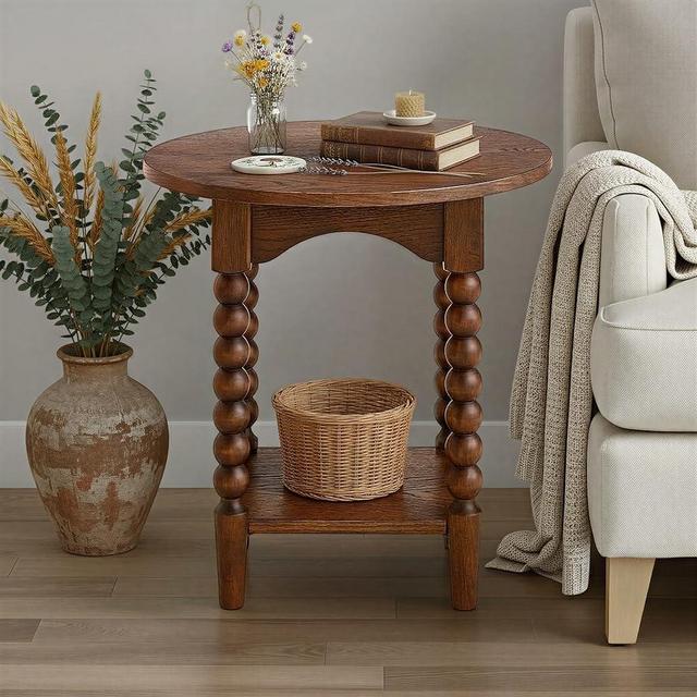 SAND STONE HOME Pembroke 22” Round Cottage End Table with Spindle Legs, Lower Shelf Storage & Levelers, Rustic Oak Veneer & Pine Wood | Cocoa Brown