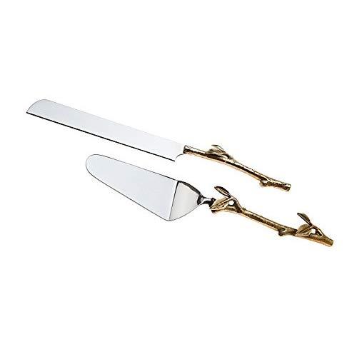 2 Piece Gold leaf (twig) Cake Server Set. 1 Cake Knife and 1 Cake Server. Leaf Design 2 Tone Made of Stainless Steel and Brass. Ideal for Weddings, Party's, Elegant events.
