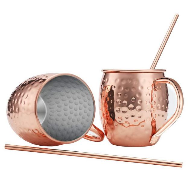 iHarbort Moscow Mule Copper Mugs, Set of 2, 16 oz, HandCrafted Food Safe Pure Solid Beer Mugs Wine Tumbler Cups Glasses, Gift Set With 2 Cocktail Copper Straws, Rose Gold
