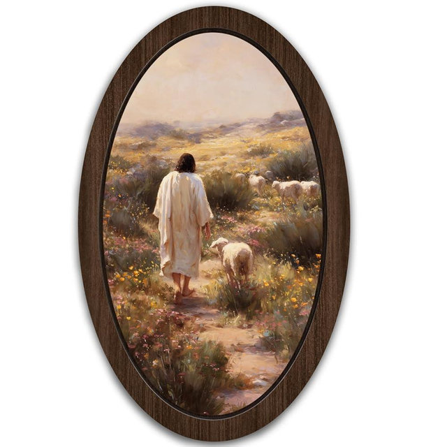 UYIKG Vintage Christian Jesus Oval Wall Art Decor,Jesus Lamb Floral Rustic Farmhouse Oval Wooden Framed Decor,Christian Wall Decorations for Home Bedroom Church Prayer Room 9x14.6 in