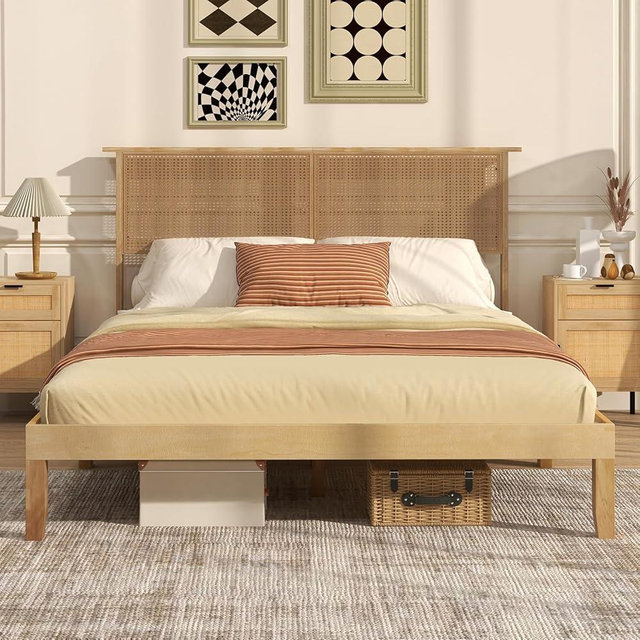Giantex Queen Size Rattan Bed Frame with Rattan Headboard, Boho Solid Wood Platform Bed with Wooden Slats, 12 Inch Bed Frame Queen with Storage Underneath, No Box Spring Needed, Natural
