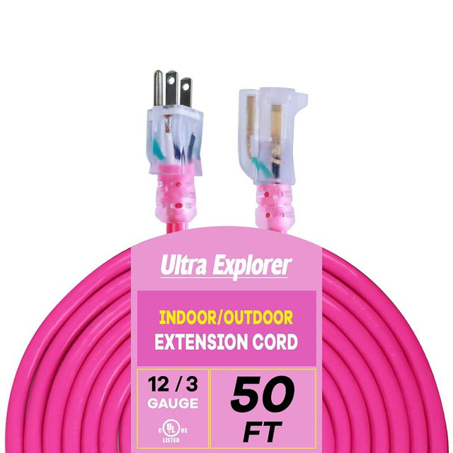 Ultra Explorer Outdoor Extension Cord Waterproof 50 FT, 12 Gauge Heavy Duty Pink Extension Cord SJTW, Flexible Cold-Resistant 3 Prong Grounded Power Cord for Lawn, Garden, Appliance, UL Listed