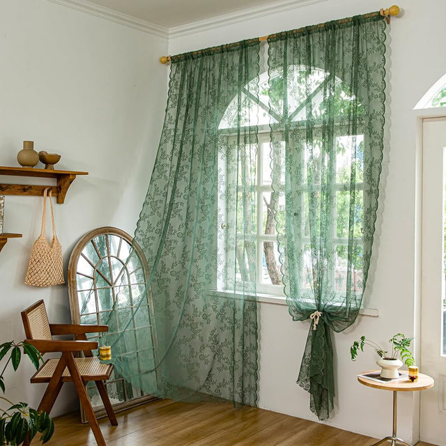 Sutuo Home Olive Green Lace Curtains for Bedroom Living Room 84 Inches Long 2 Panels Set, Dark Hunter Sheer Vintage Floral Embroidery Window Treatment Pair Christmas Decor, Rod Pocket, W57 x L84