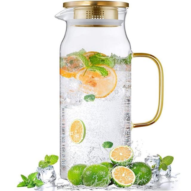 Bivvclaz 2 Liter 68 oz Gold Glass Pitcher with Lid and Handle, Glass Carafe for Hot/Cold Water, Large Iced Tea Pitcher for Coffee, Juice and Homemade Beverage