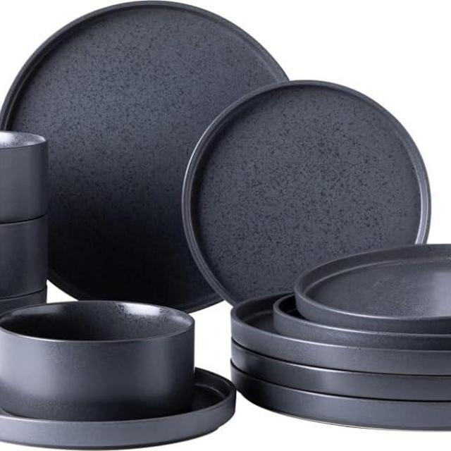GBHOME Ceramic Dinnerware Sets for 4, Stoneware Plates and Bowls Sets, Chip and Scratch Resistant Dishes, Dishwasher & Microwave& Oven Safe Dishes sets, Reactive Glaze-Speckled Black