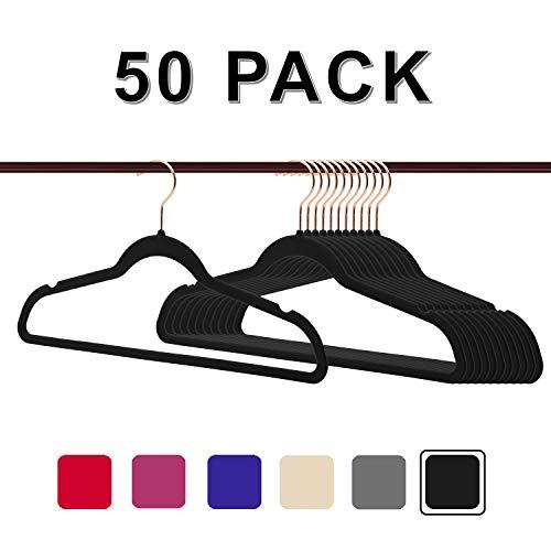 Non-Slip Velvet Clothes Hangers Premium Heavy Duty Space Saving with 360 Swivel &Rose Gold Hanger Hook for for Dress, Coats, Jackets, Pants, Shirts, Skirts (Pack of 50)