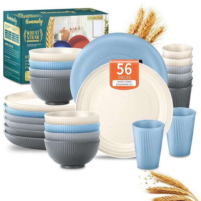 Hommaly Wheat Straw Dinnerware Sets,56-Piece Plates and Bowls Sets for 8-Unbreakable,Reusable Plastic Dish Set-Dinner Plate/Cereal Bowl/Cup/Utensils-Dishwasher Safe 56P-Seaside Road