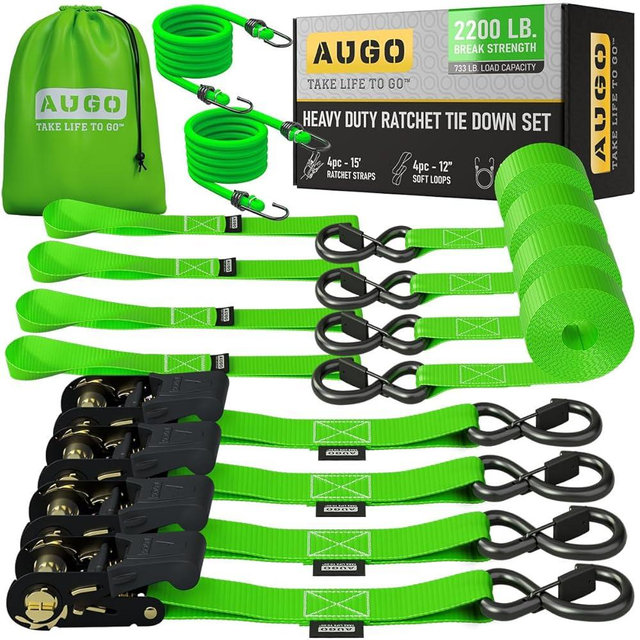 AUGO Heavy Duty Ratchet Straps & Soft Loops – Pack of 4 Extra Strong 1.5” by 10’ Ratchet Straps w/S-Hook Safety Latches & 4 Soft Loop Tie Downs – 4400Lb Break Strength for Motorcycles, ATVs, Etc.