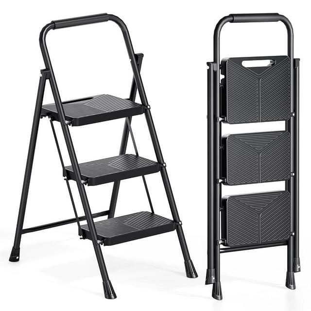 Urackify 3 Step Ladder, Portable Folding Ladder for Multi-Purpose, Home, Kitchen, Heavy Sturdy Steel Step Stool with Handrail, Anti-Slip Wide Pedals, Safe-Lock Design, Pass 500lbs Load Testing, Black