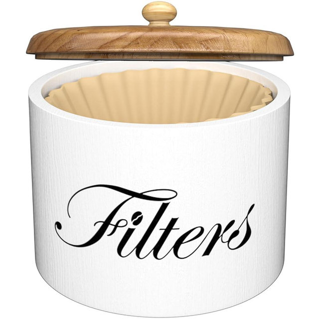 Coffee Filter Holder, Wooden Coffee Filter Storage with Lid, Round CoffeeFilterContainer for Counter, Rustic Farmhouse Bar Accessories Decor (White)