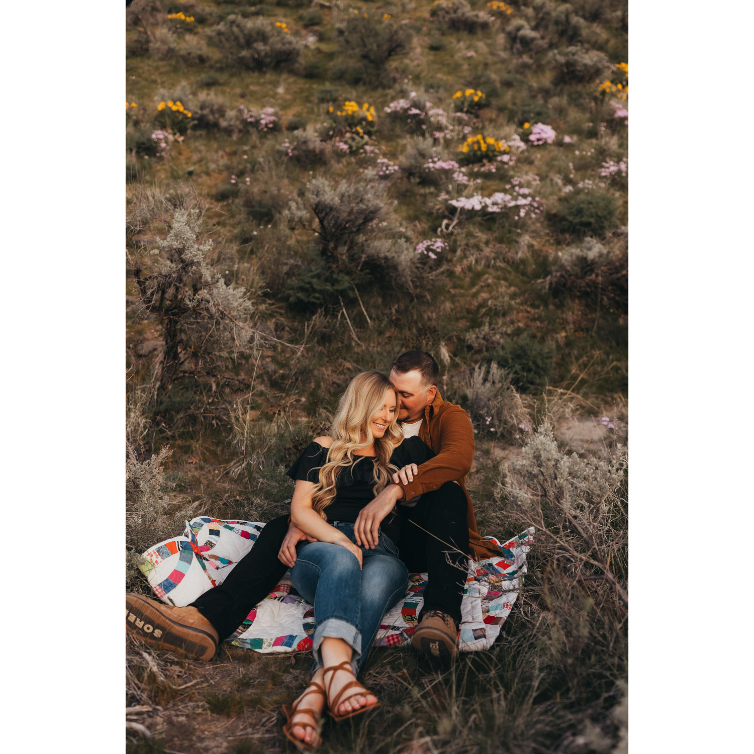The quilt that Zac and Jessica are sitting on was made by Jessica's great grandma Nita. This quilt, known as the wedding ring, has been passed down through the women in the family.
